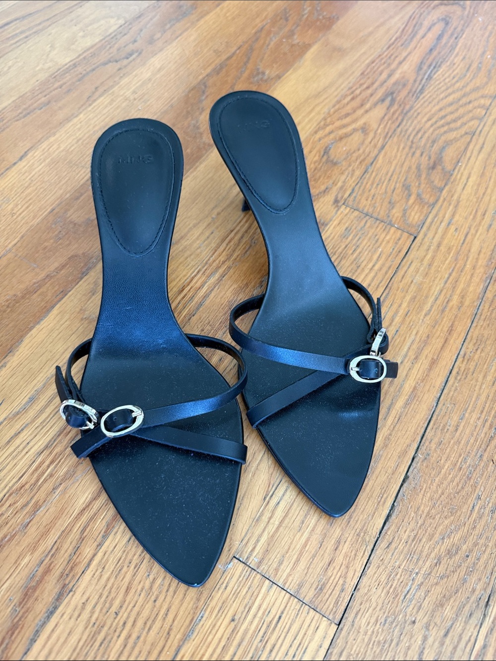 Mango Black Strappy Pointed-Toe Mule Heels